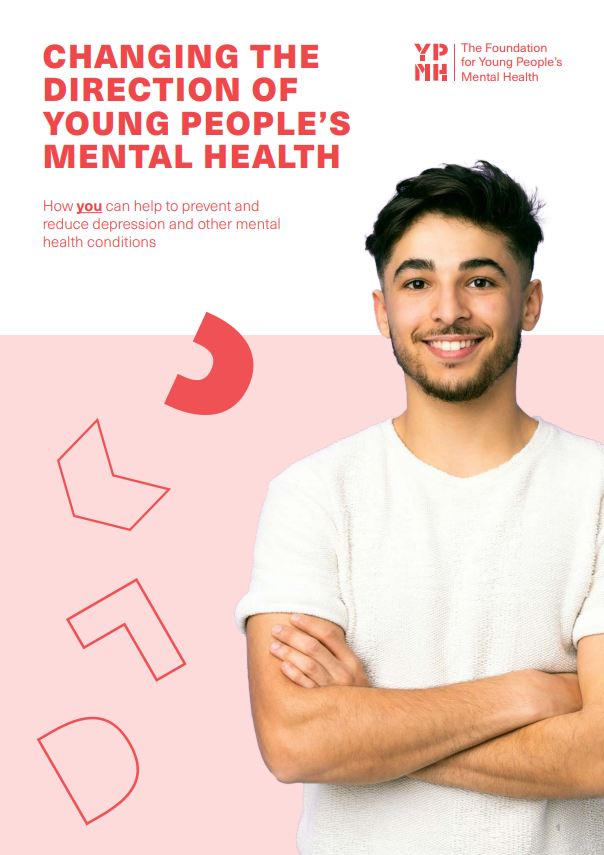 Front cover of a booklet titled, Changing The Direction of Young People's Mental Health, with a young boy on a peach and white background